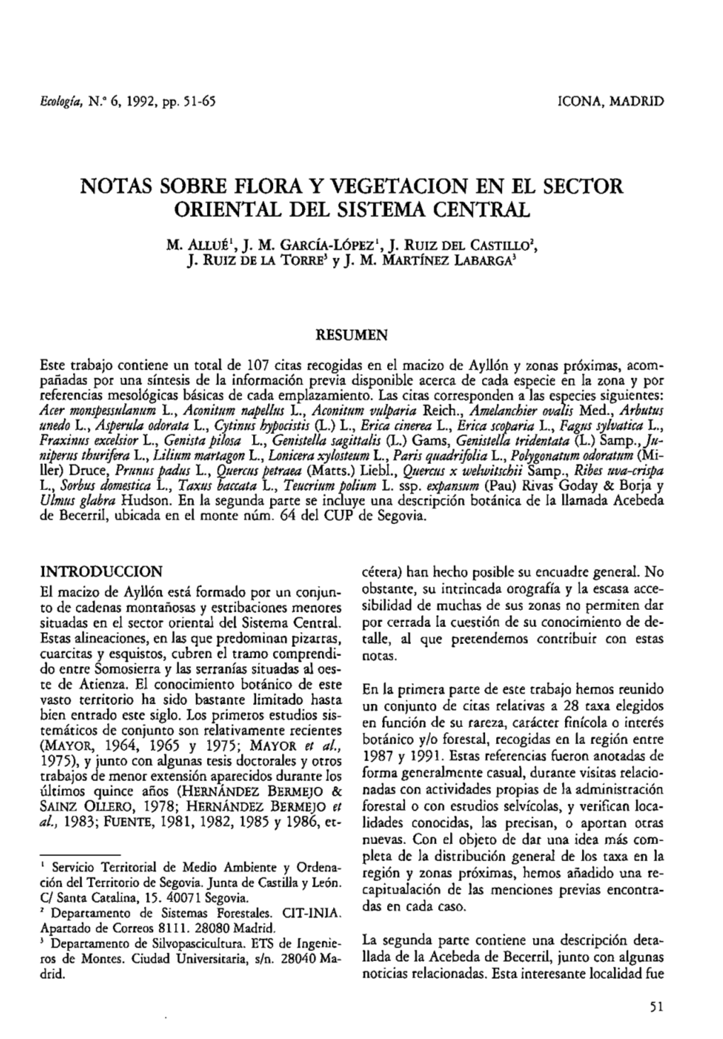 Notas Sobre Flora Y Vegetación En El Sector Oriental Del Sistema Central