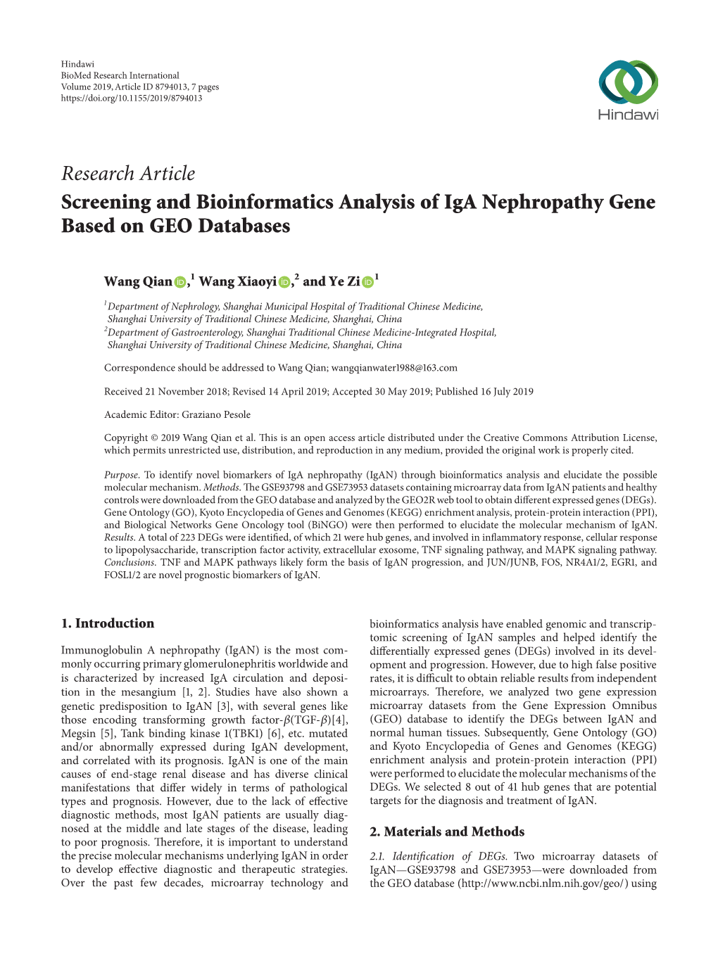 Screening and Bioinformatics Analysis of Iga Nephropathy Gene Based on GEO Databases