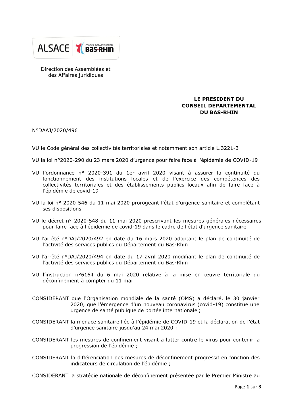 Arrêté N°DAJ/2020/492 En Date Du 16 Mars 2020 Adoptant Le Plan De Continuité De L’Activité Des Services Publics Du Département Du Bas-Rhin