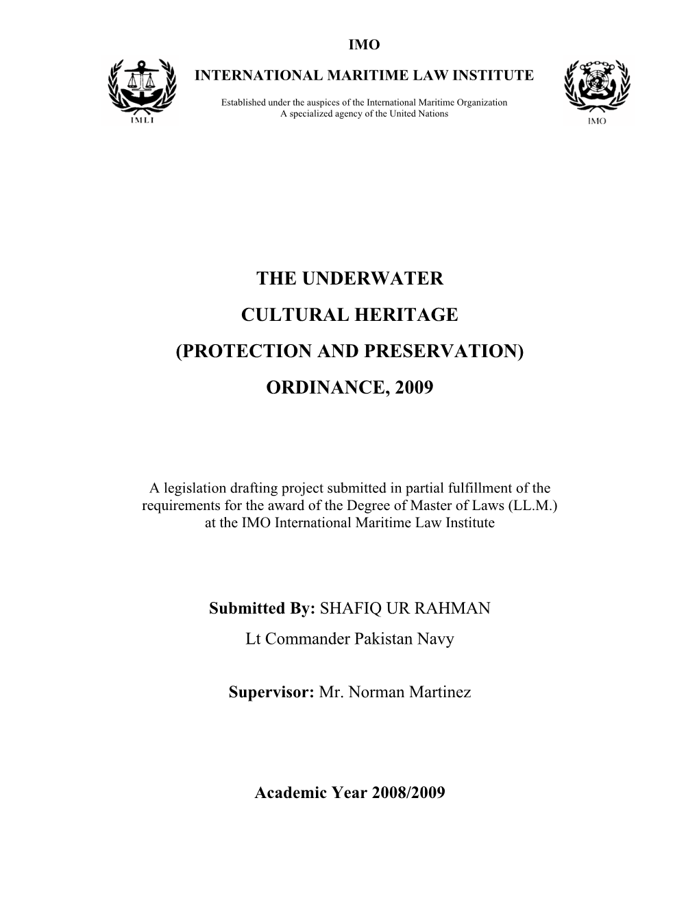 The Underwater Cultural Heritage (Protection and Preservation) Ordinance, 2009