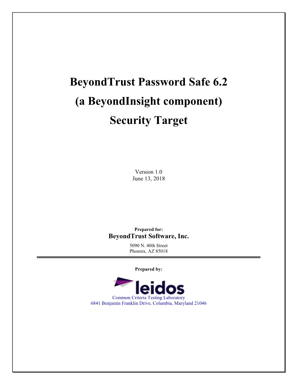 Beyondtrust Password Safe 6.2 (A Beyondinsight Component) Security Target