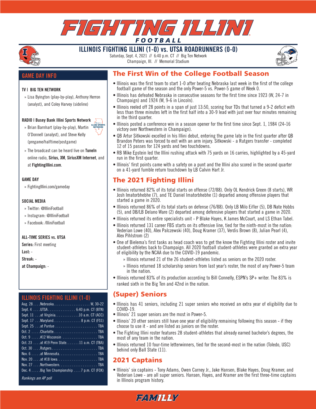 ILLINOIS FIGHTING ILLINI (1-0) Vs. UTSA ROADRUNNERS (0-0) Saturday, Sept