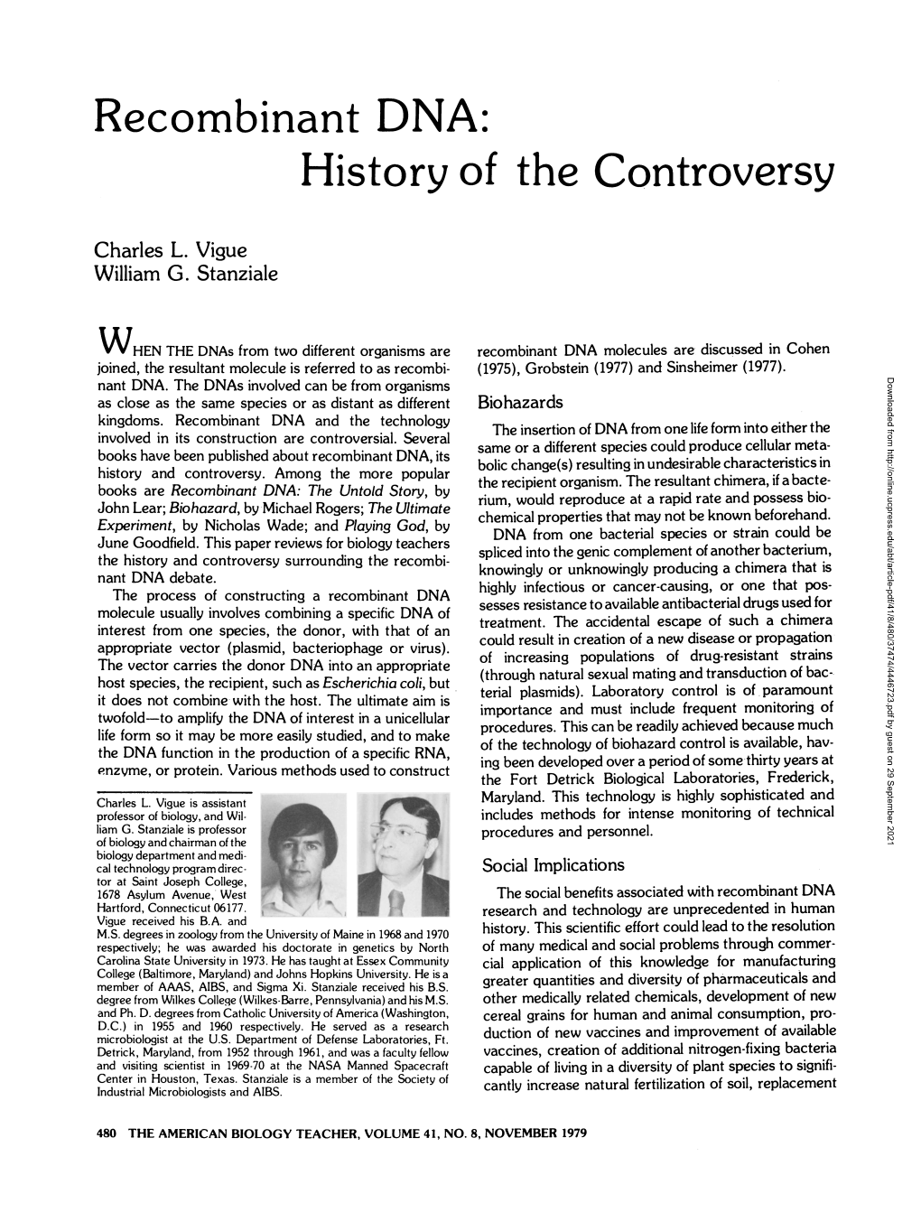 Recombinant DNA: History of the Controversy