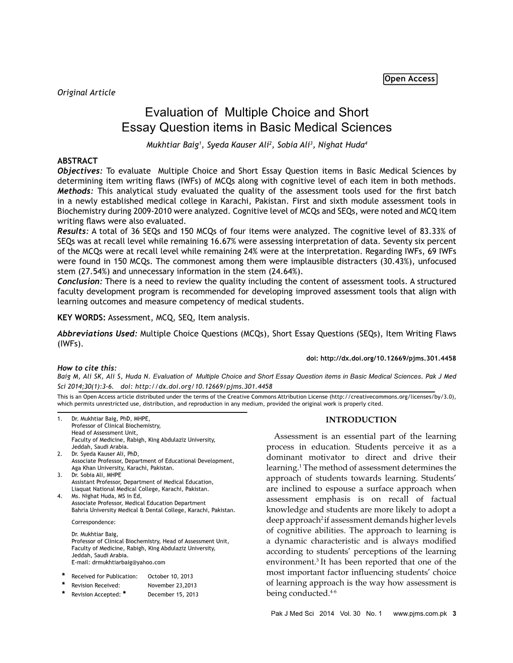 Evaluation of Multiple Choice and Short Essay Question Items in Basic