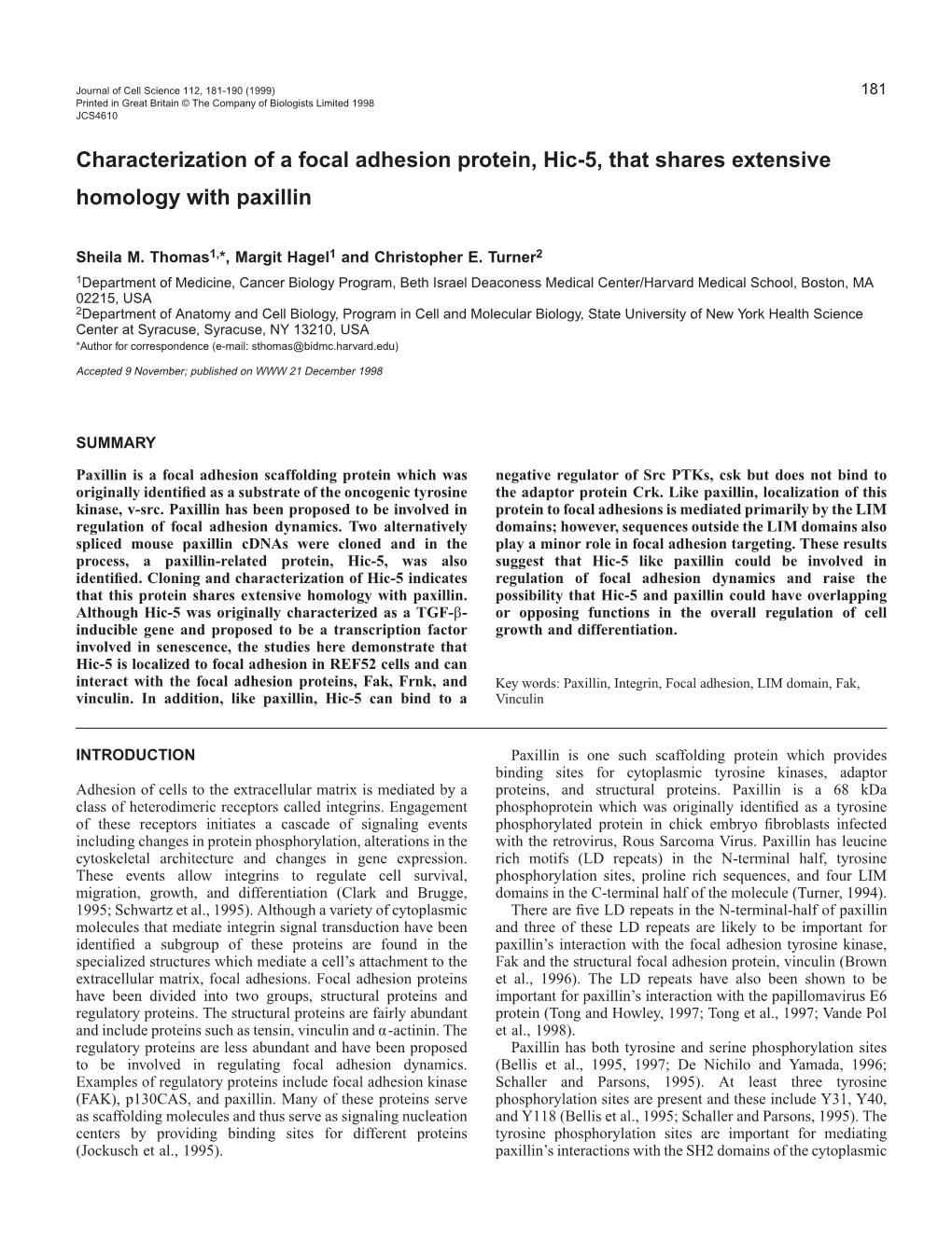 Hic-5 Is a Paxillin-Related, Focal Adhesion Protein 183