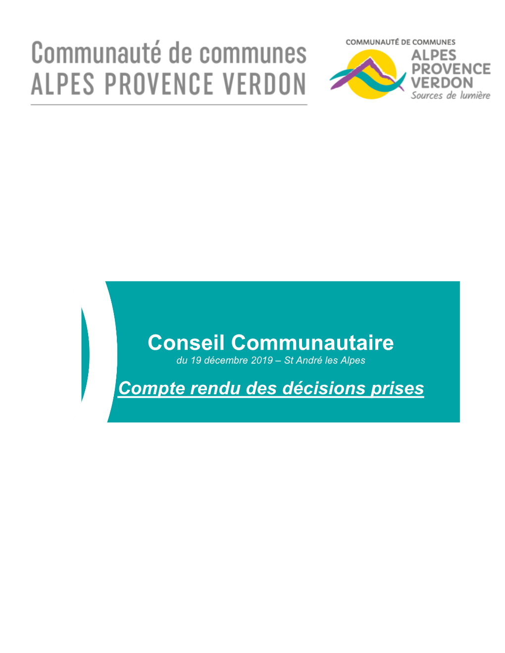 Conseil Communautaire Du 19 Décembre 2019 – St André Les Alpes