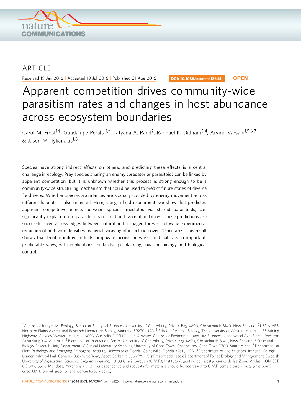 Apparent Competition Drives Community-Wide Parasitism Rates and Changes in Host Abundance Across Ecosystem Boundaries