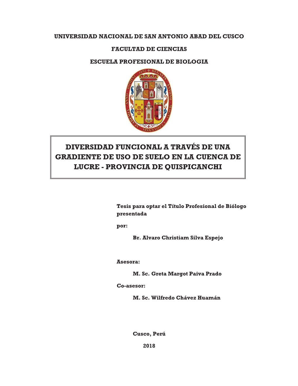 Diversidad Funcional a Través De Una Gradiente De Uso De Suelo En La Cuenca De