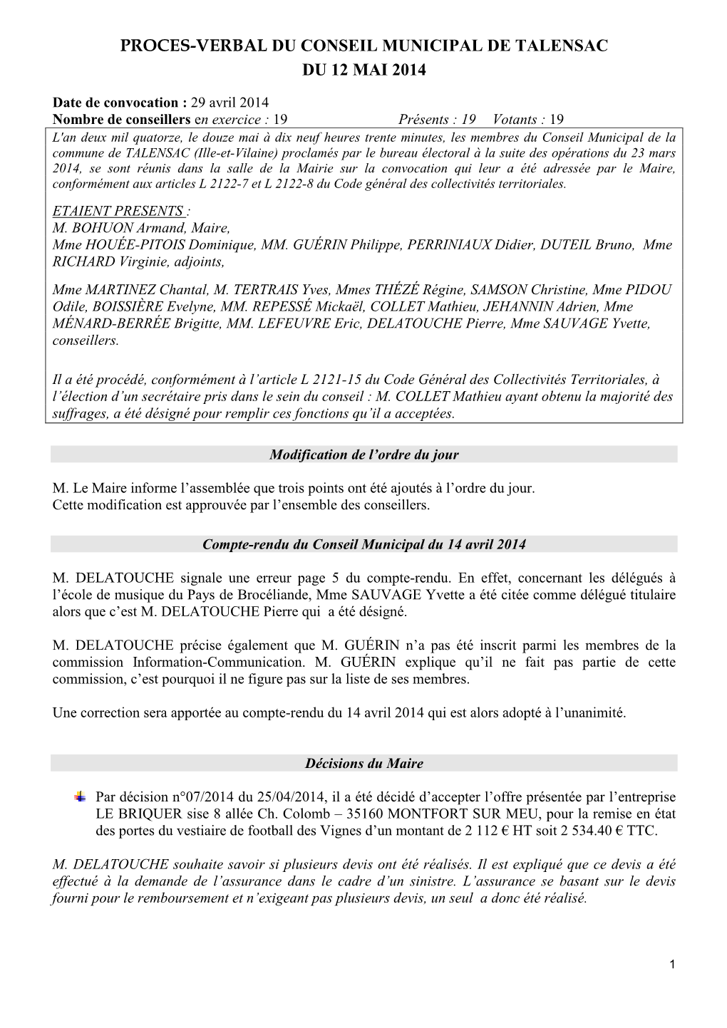 Proces-Verbal Du Conseil Municipal De Talensac Du 12 Mai 2014