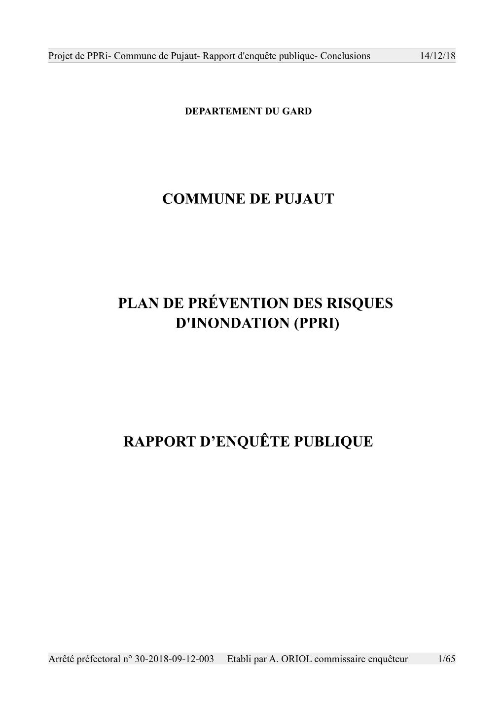 Commune De Pujaut Plan De Prévention Des Risques D'inondation (Ppri) Rapport D'enquête Publique