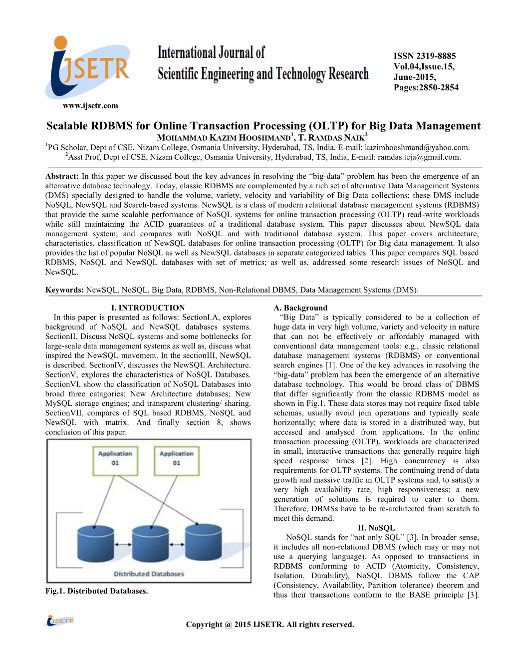 Scalable RDBMS for Online Transaction Processing (OLTP) for Big Data Management MOHAMMAD KAZIM HOOSHMAND1, T