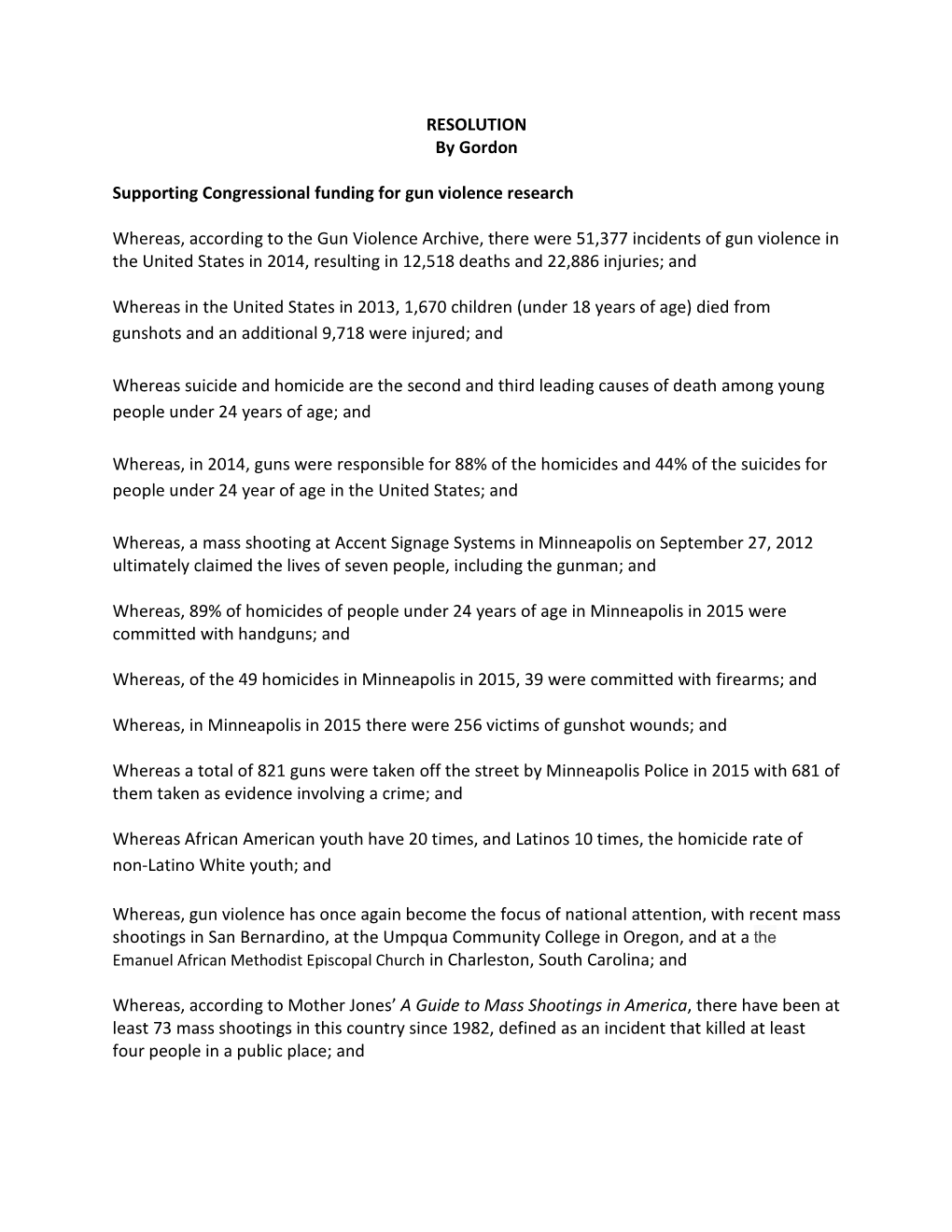 Support for Congressional Funding for Gun Violence Research Resolution