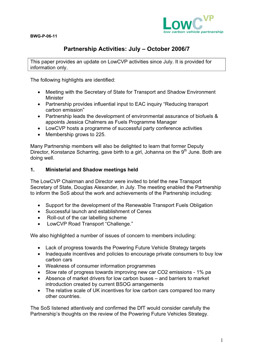 Working Papers BWG-P-06-11 Secretariat