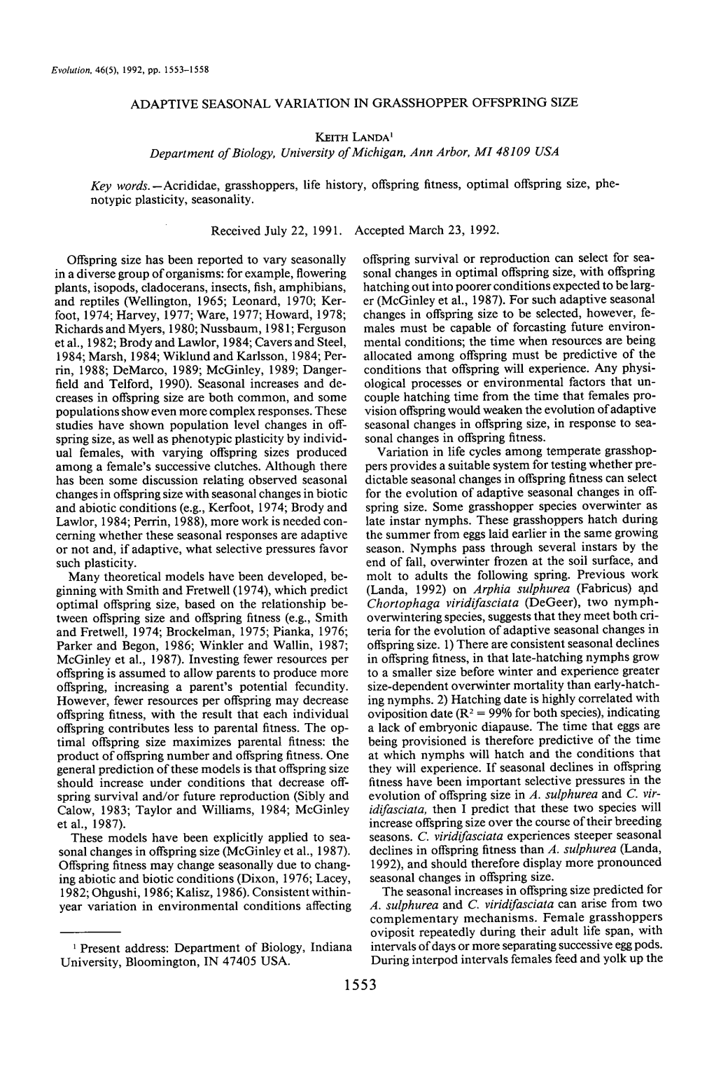 Adaptive Seasonal Variation in Grasshopper Offspring Size