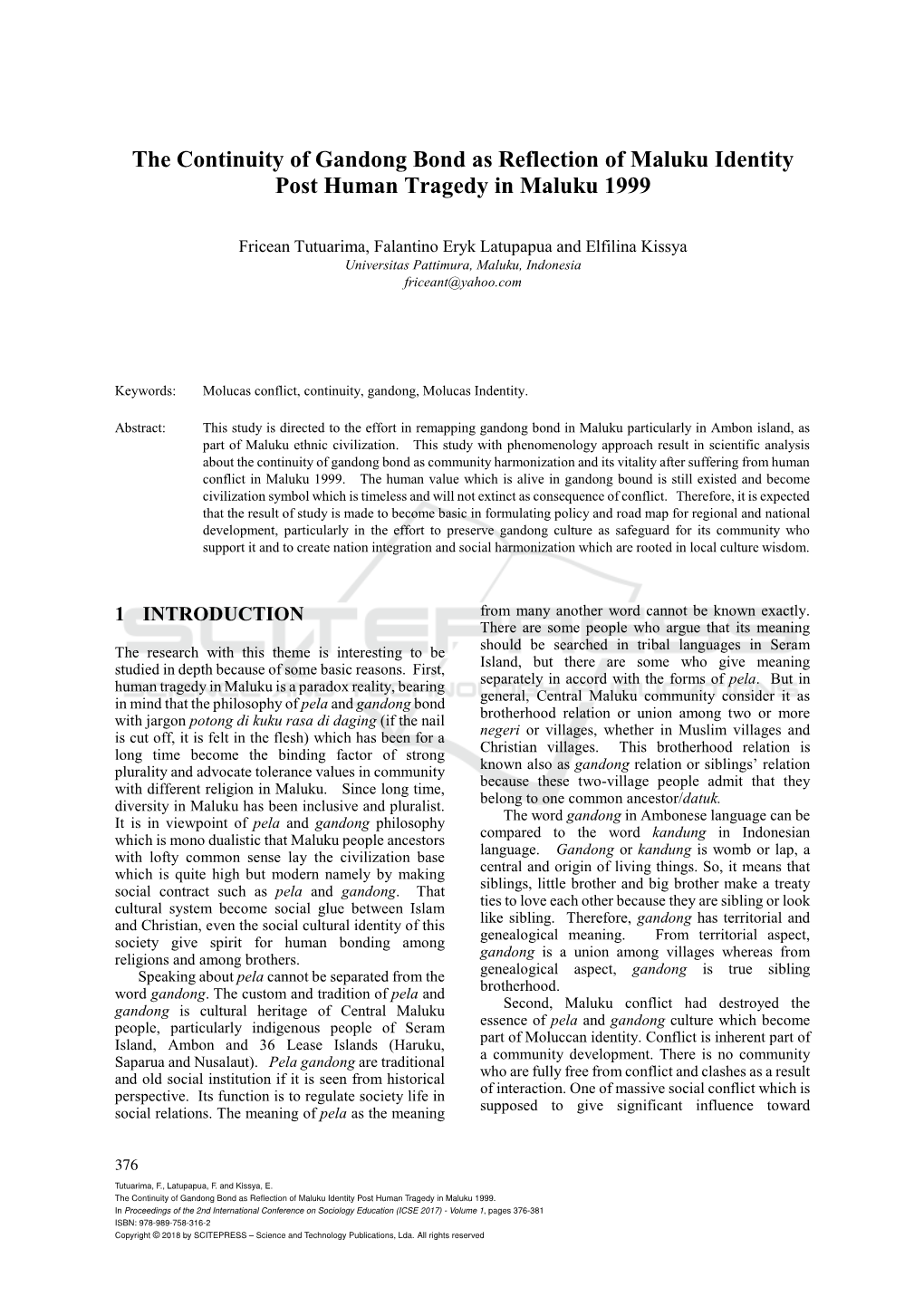 The Continuity of Gandong Bond As Reflection of Maluku Identity Post Human Tragedy in Maluku 1999