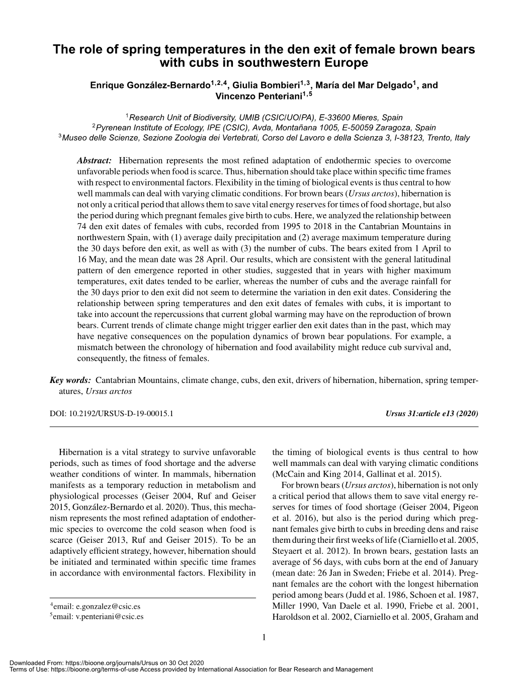 The Role of Spring Temperatures in the Den Exit of Female Brown Bears with Cubs in Southwestern Europe