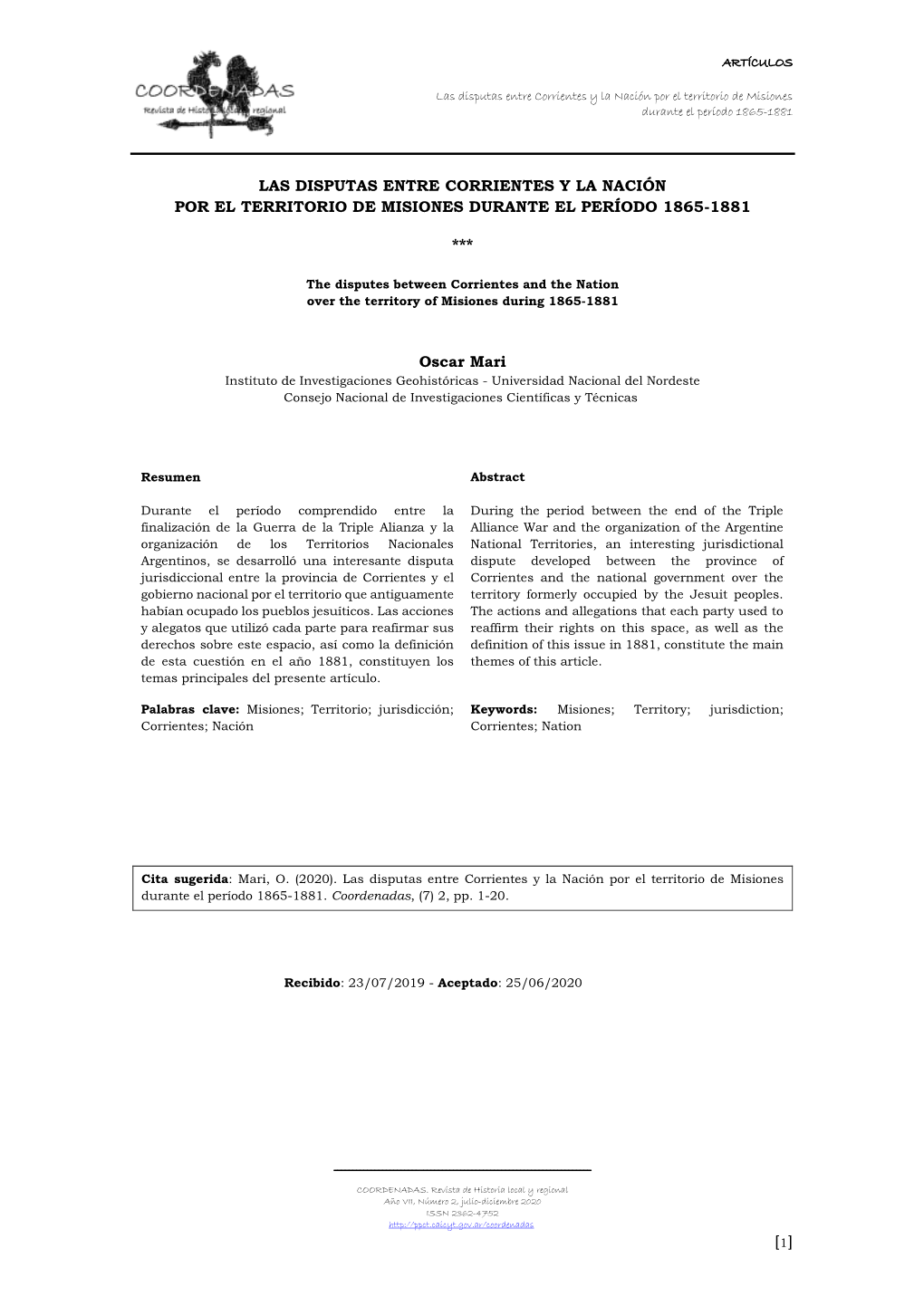 Las Disputas Entre Corrientes Y La Nación Por El Territorio De Misiones Durante El Período 1865-1881