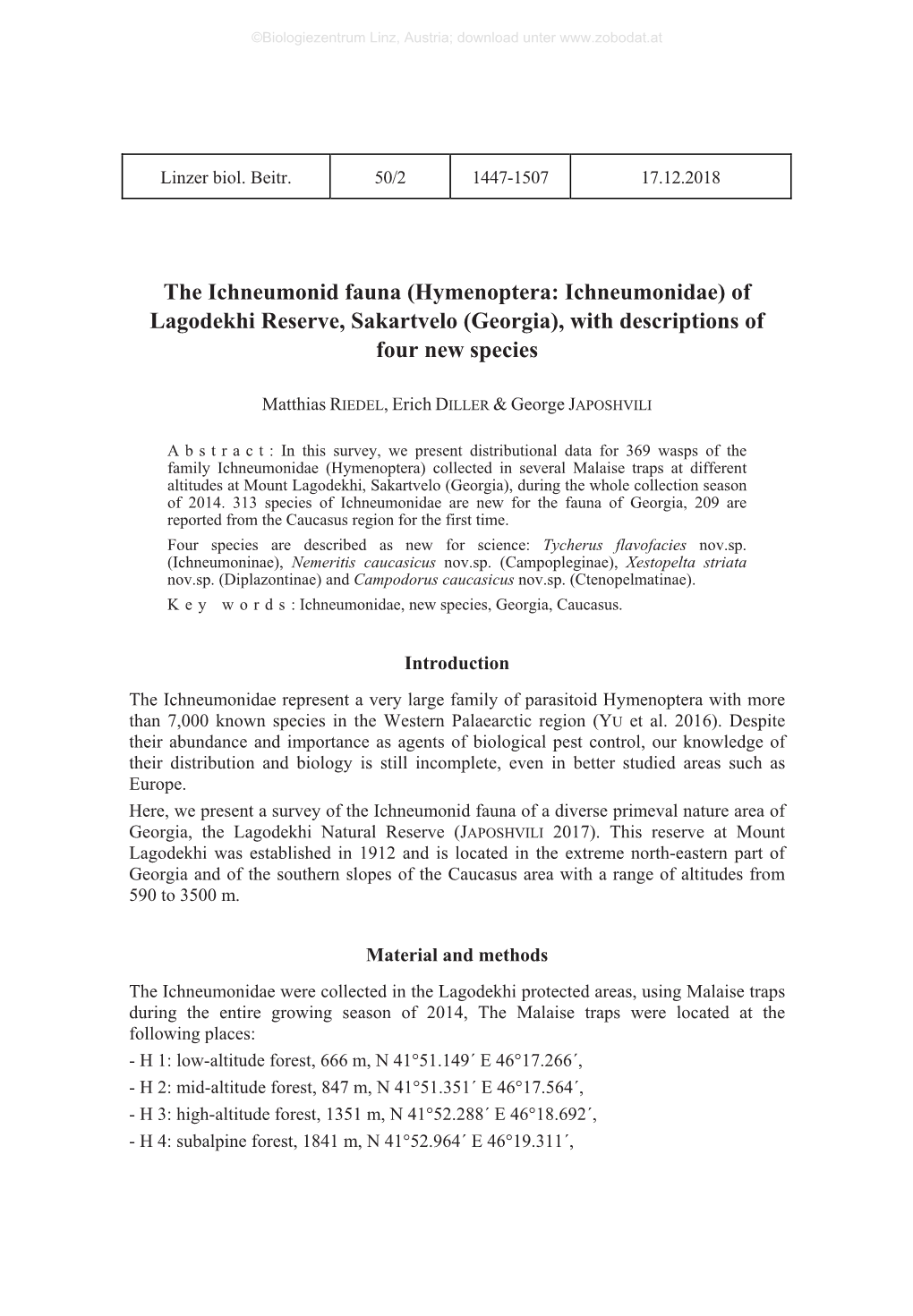 The Ichneumonid Fauna (Hymenoptera: Ichneumonidae) of Lagodekhi Reserve, Sakartvelo (Georgia), with Descriptions of Four New Species