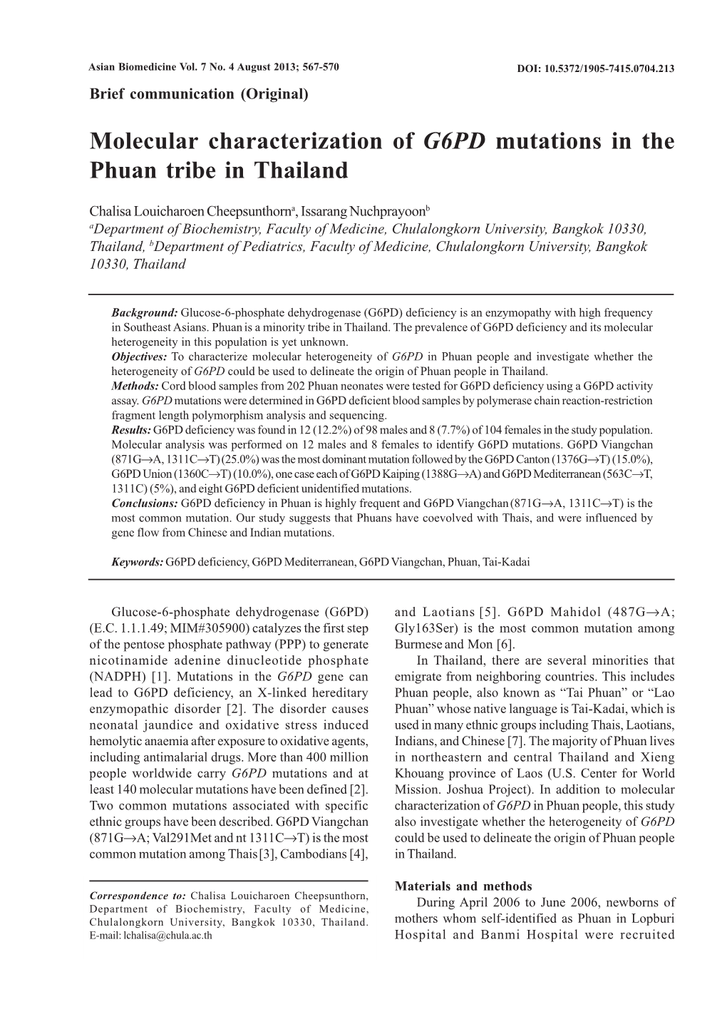 Molecular Characterization of G6PD Mutations in the Phuan Tribe in Thailand