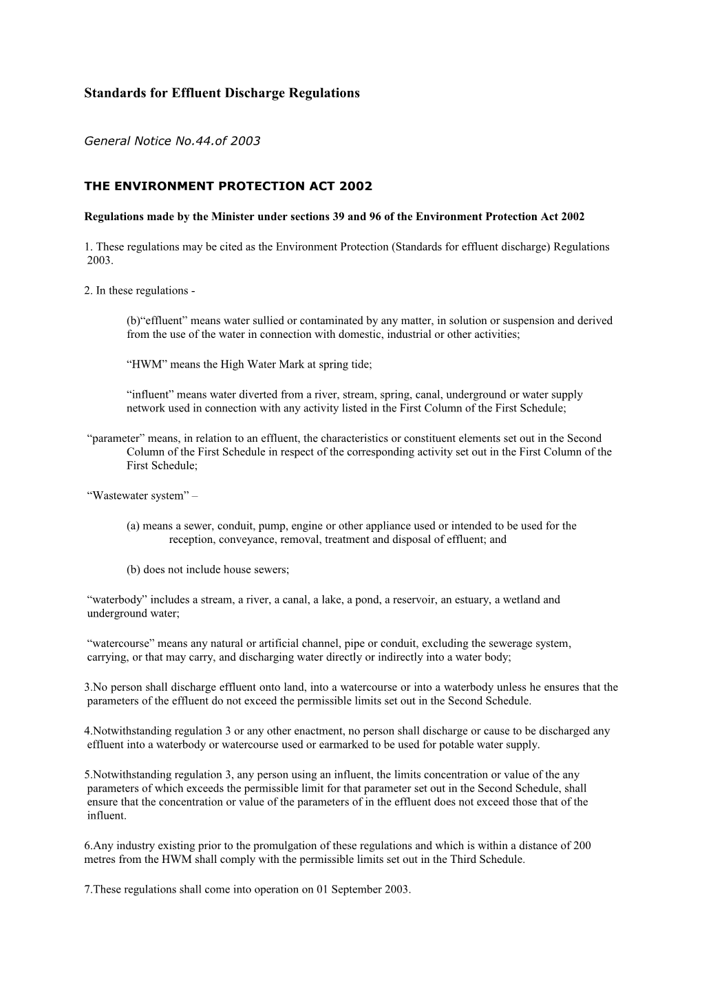 Standards For Effluent Discharge Regulations