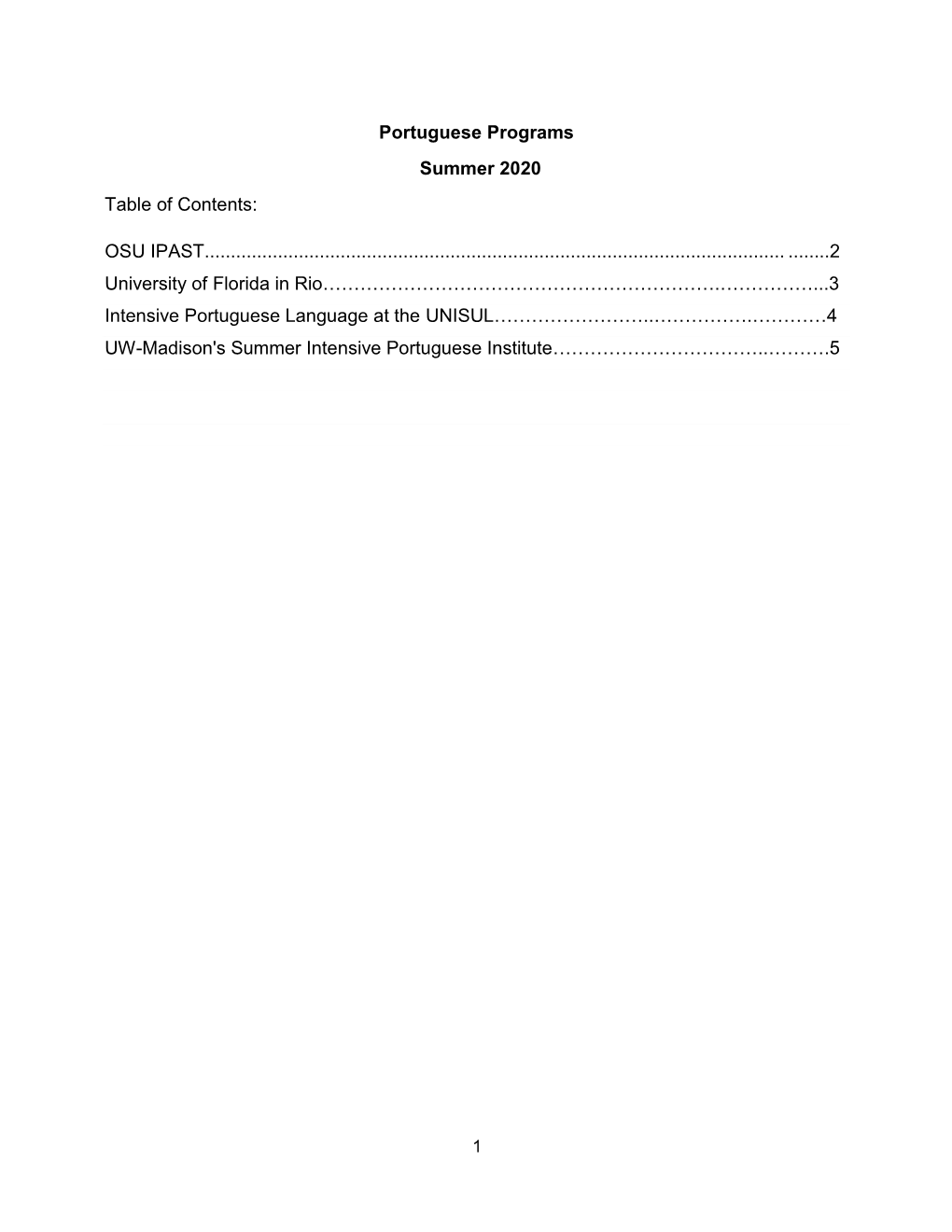 Portuguese Programs Summer 2020 Table of Contents: OSU IPAST