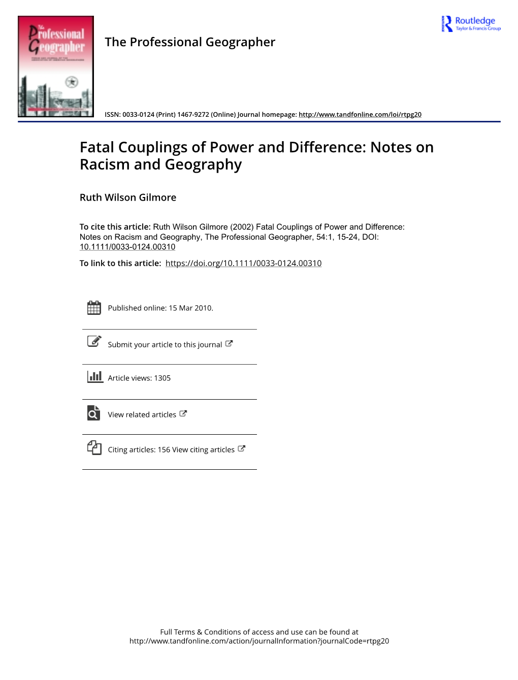 Fatal Couplings of Power and Difference: Notes on Racism and Geography