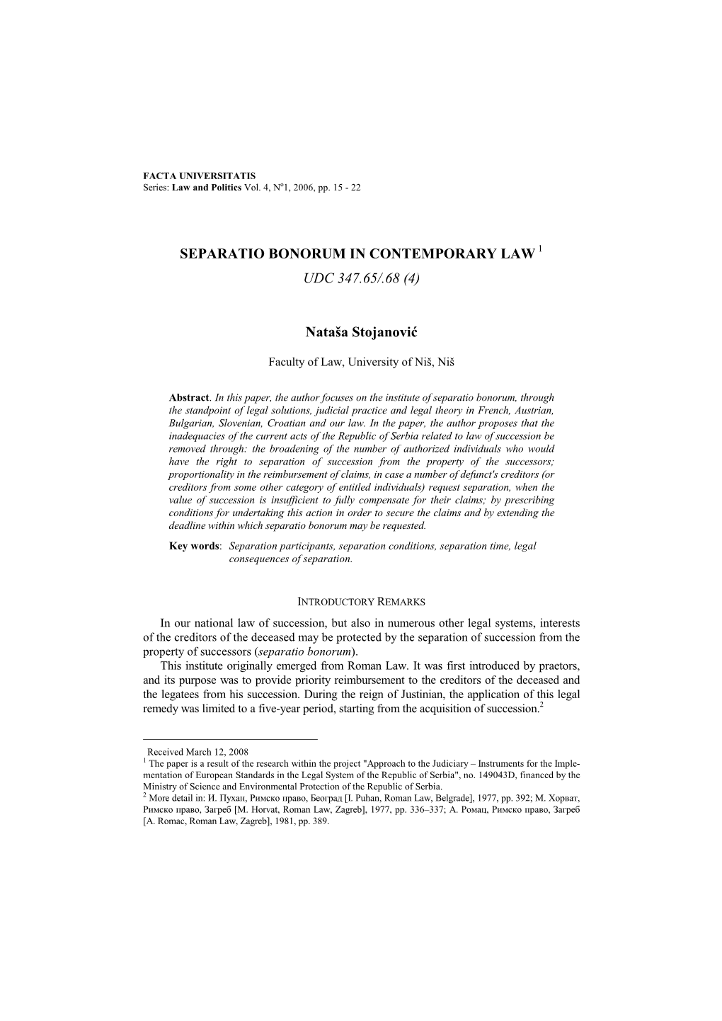 Separatio Bonorum in Contemporary Law 1 Udc 347.65/.68 (4)