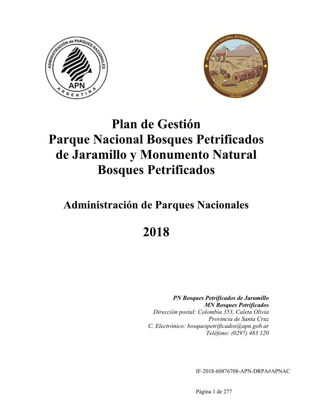 APN, 2018 Plan De Gestión Del Parque Nacional Y Monumento