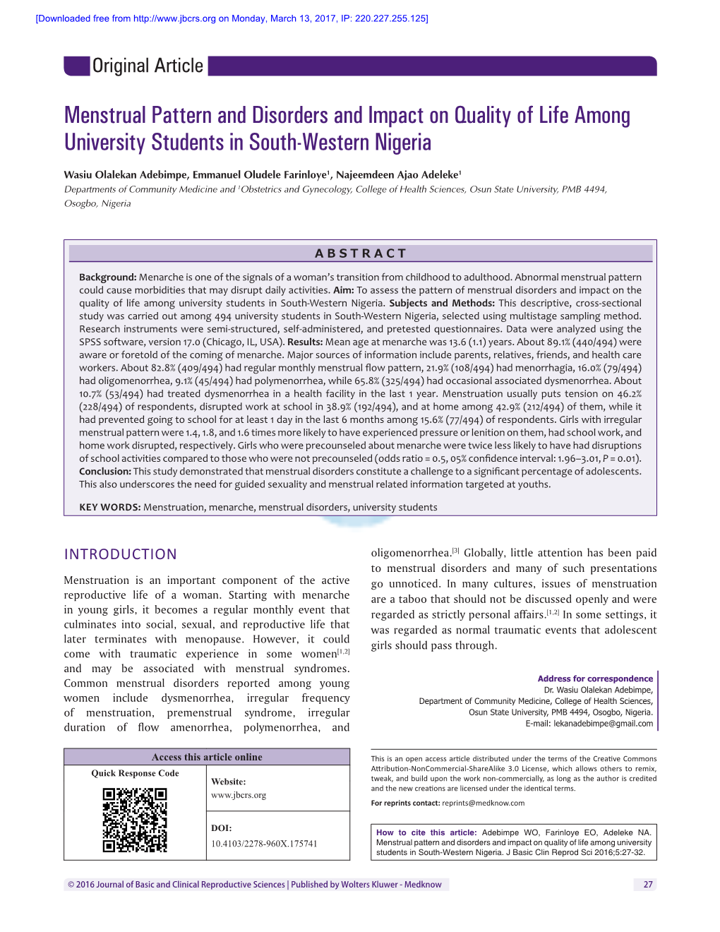 Menstrual Pattern and Disorders and Impact on Quality of Life Among University Students in South-Western Nigeria