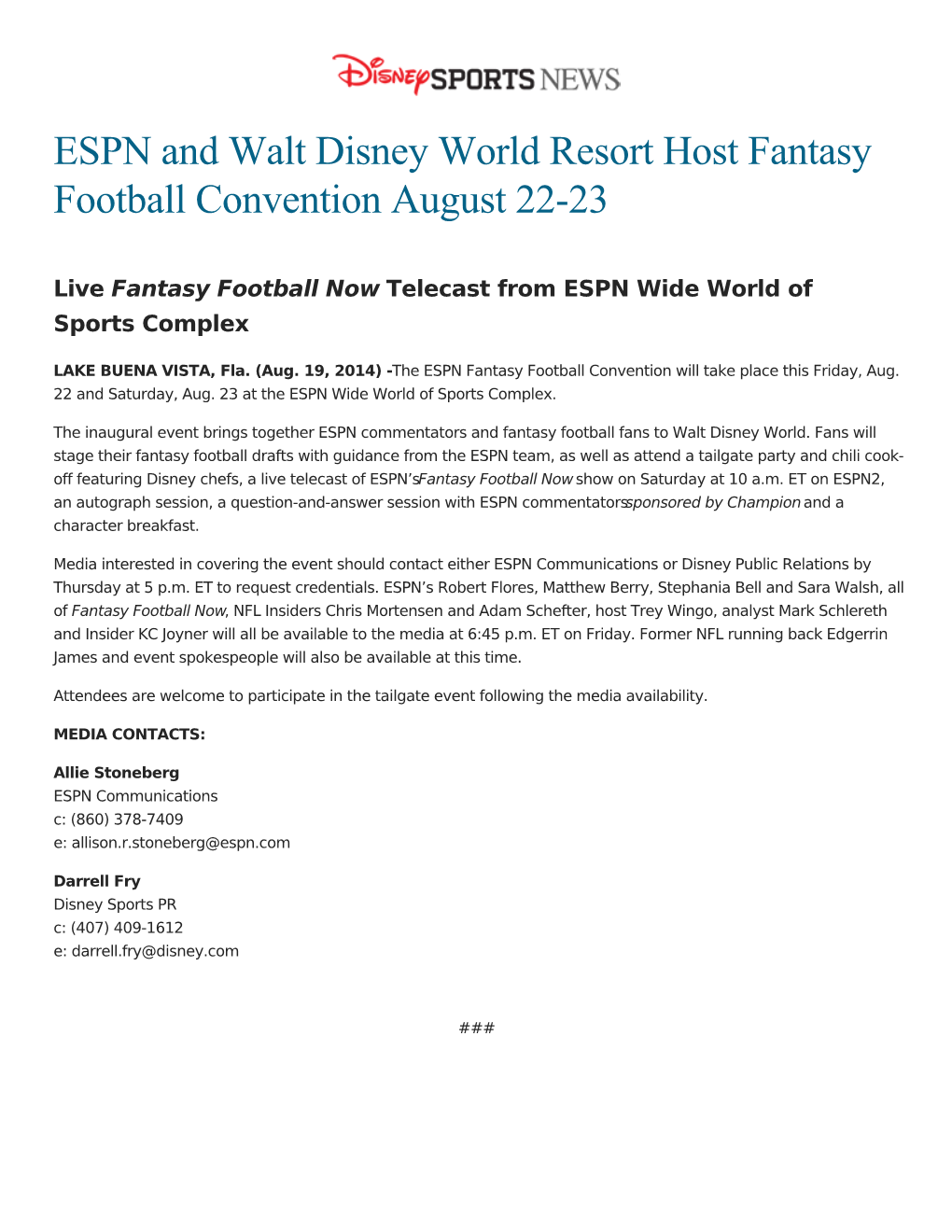 ESPN and Walt Disney World Resort Host Fantasy Football Convention August 22-23