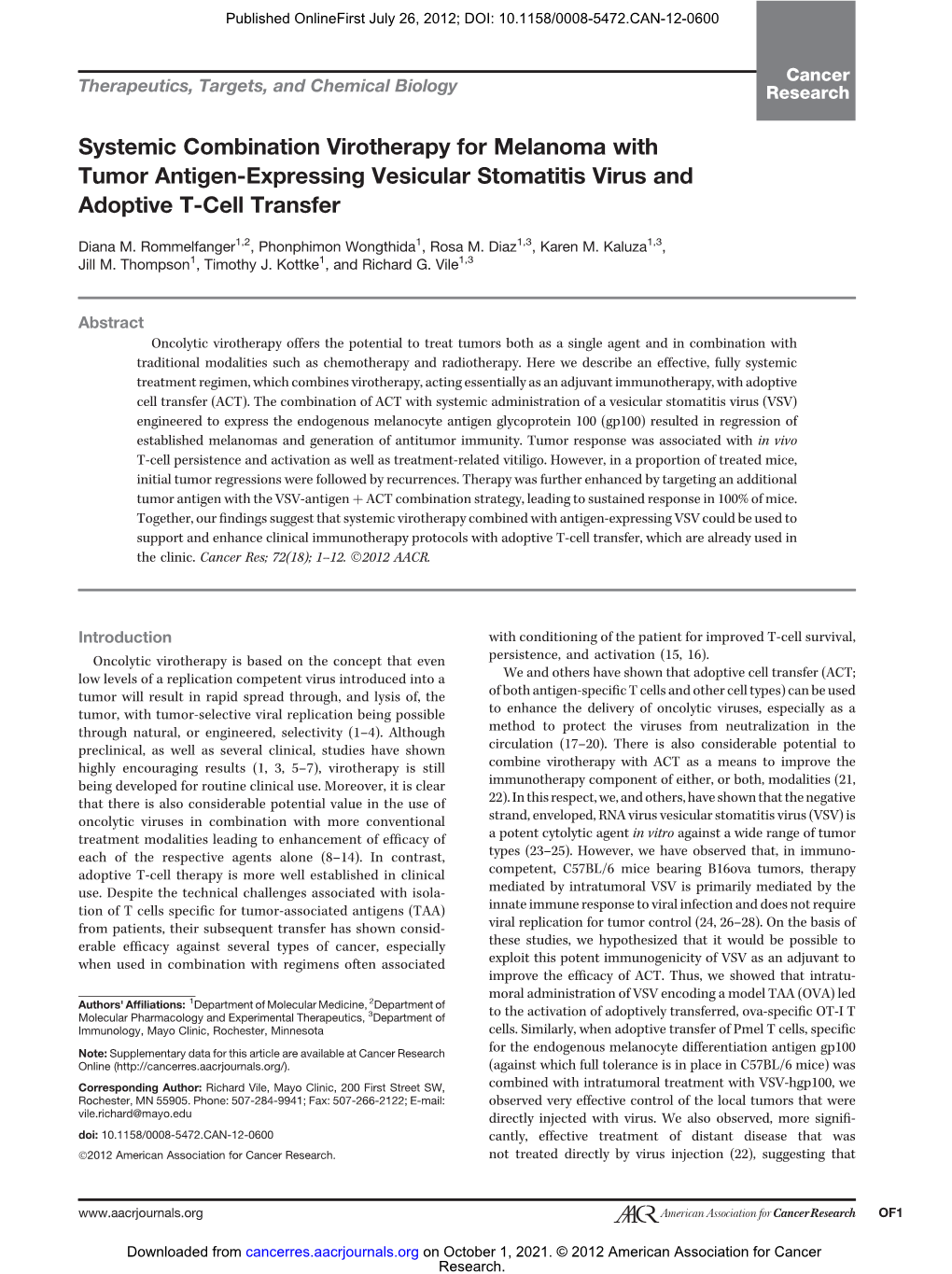 Systemic Combination Virotherapy for Melanoma with Tumor Antigen-Expressing Vesicular Stomatitis Virus and Adoptive T-Cell Transfer