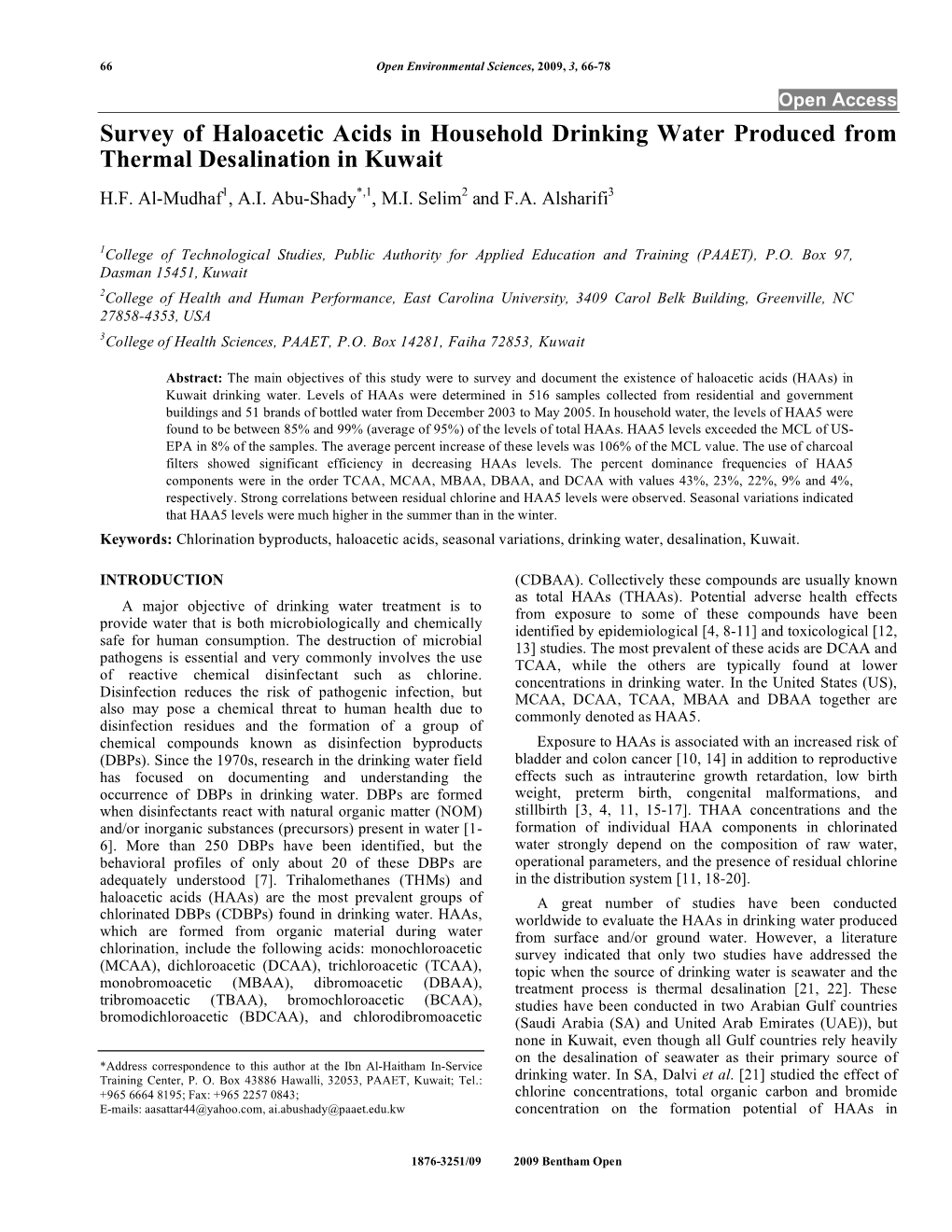 Survey of Haloacetic Acids in Household Drinking Water Produced from Thermal Desalination in Kuwait H.F