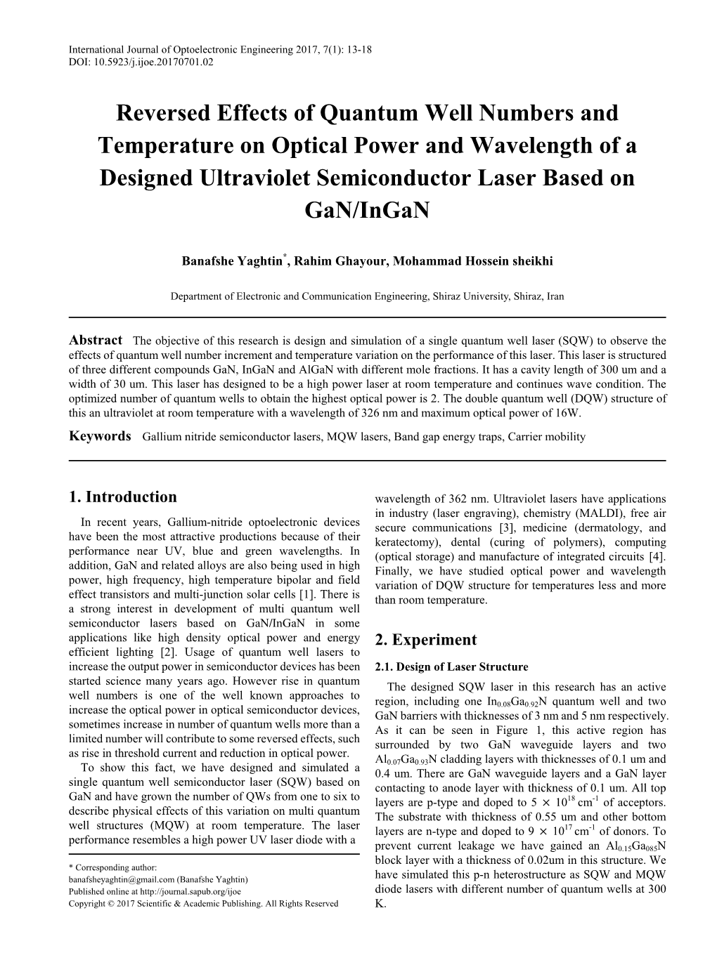 Reversed Effects of Quantum Well Numbers and Temperature on Optical Power and Wavelength of a Designed Ultraviolet Semiconductor Laser Based on Gan/Ingan