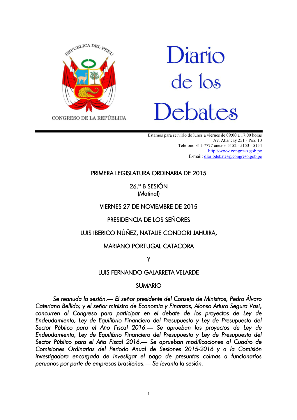 Primera Legislatura Ordinaria De 2015 26.ª B Sesión