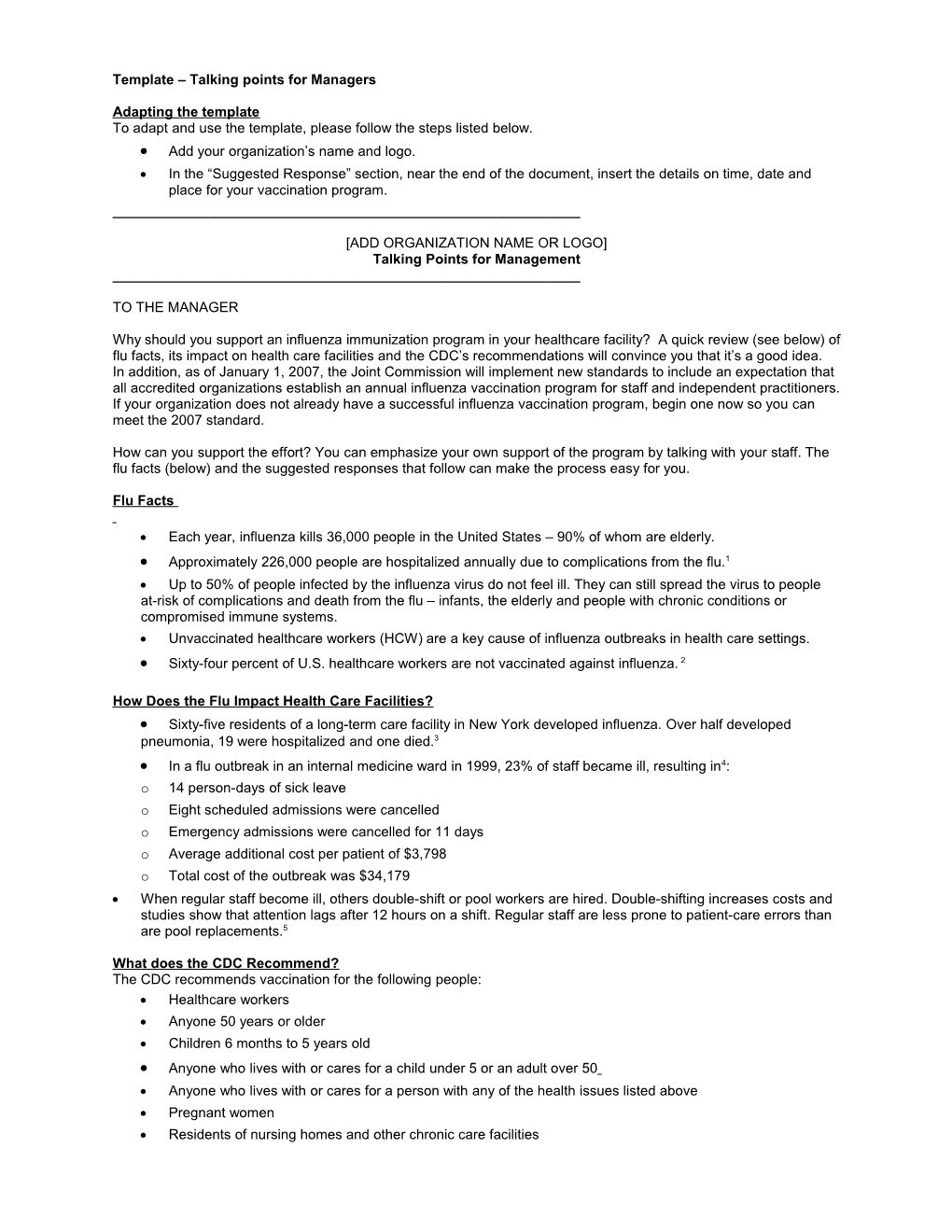 Outline of Flu Vaccine Talking Points for Managers