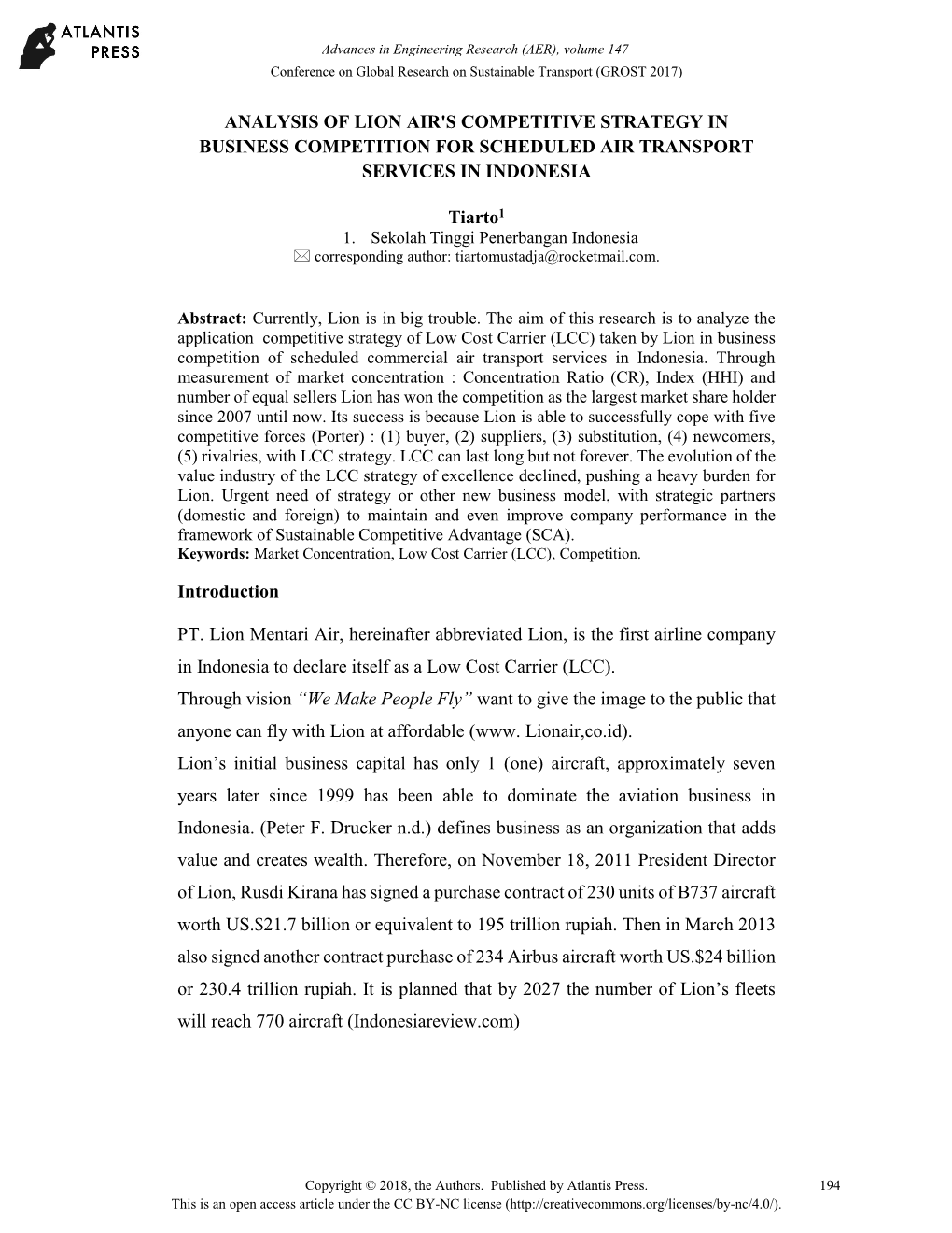 Analysis of Lion Air's Competitive Strategy in Business Competition for Scheduled Air Transport Services in Indonesia