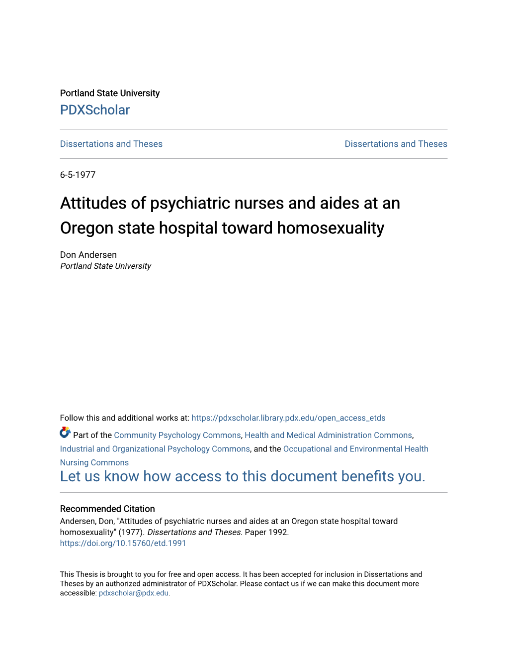 Attitudes of Psychiatric Nurses and Aides at an Oregon State Hospital Toward Homosexuality