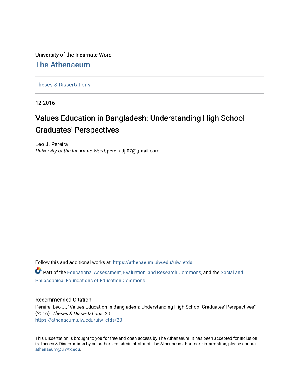 Values Education in Bangladesh: Understanding High School Graduates' Perspectives