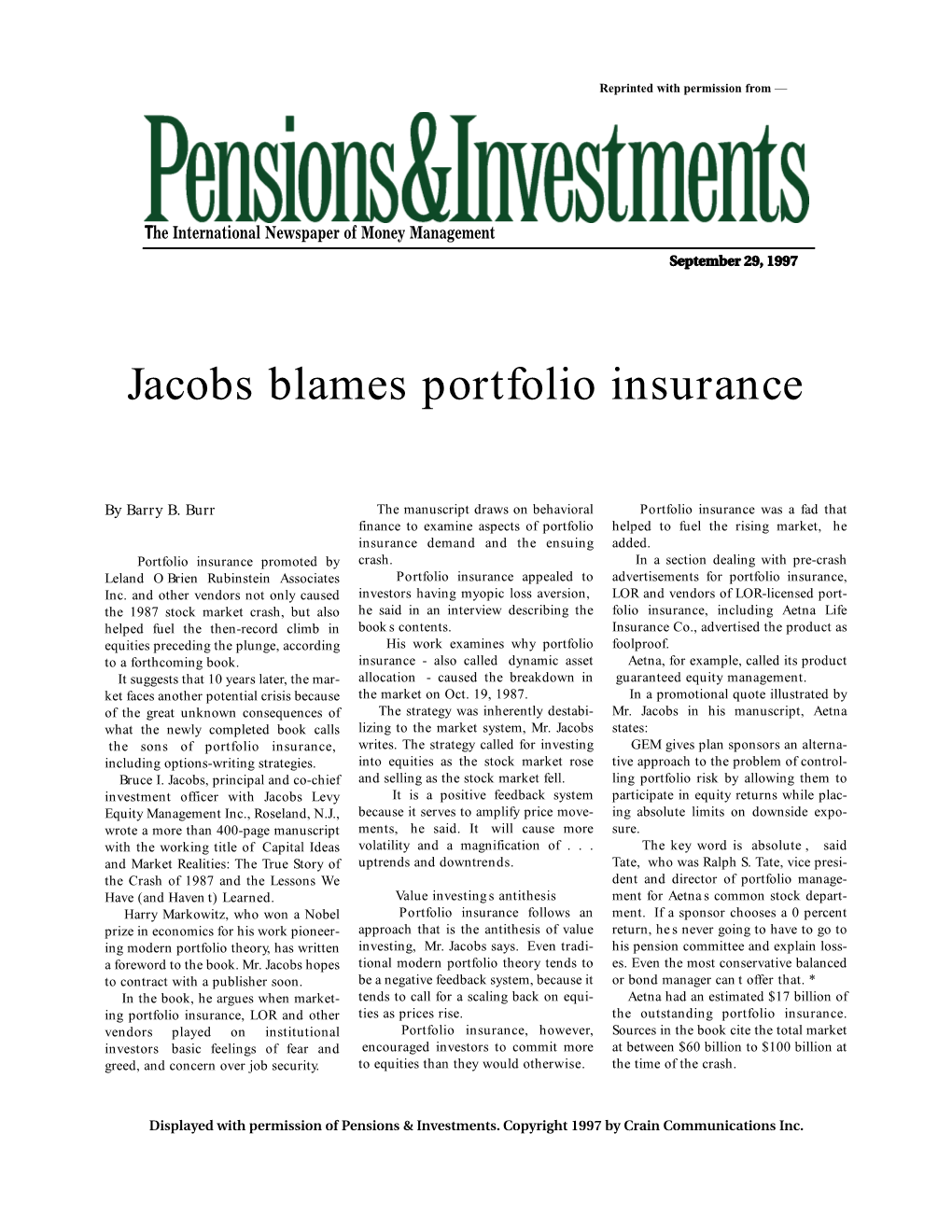 Jacobs Blames Portfolio Insurance