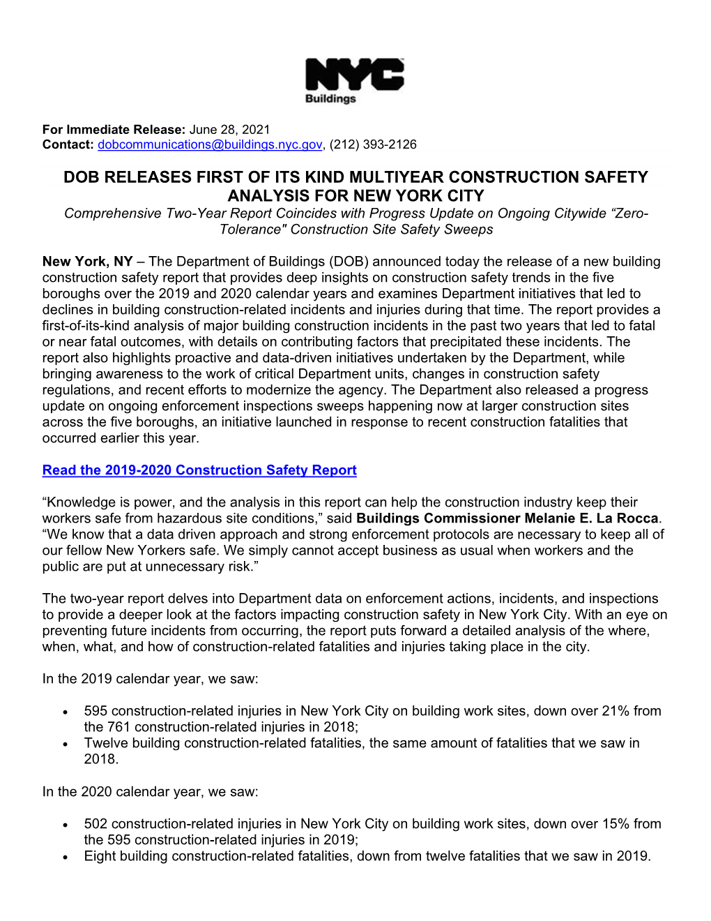 Dob Releases First of Its Kind Multiyear Construction Safety Analysis for New York City