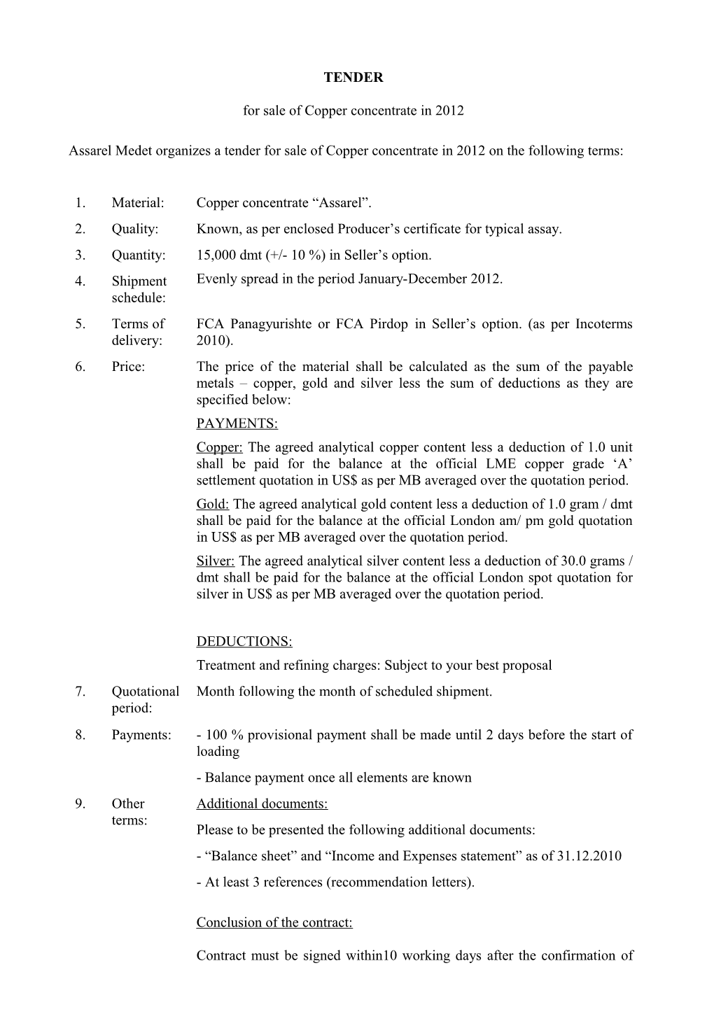 For Sale of Copper Concentrate in 2012