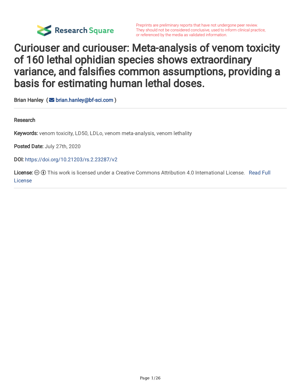 Meta-Analysis of Venom Toxicity of 160 Lethal Ophidian Species Shows