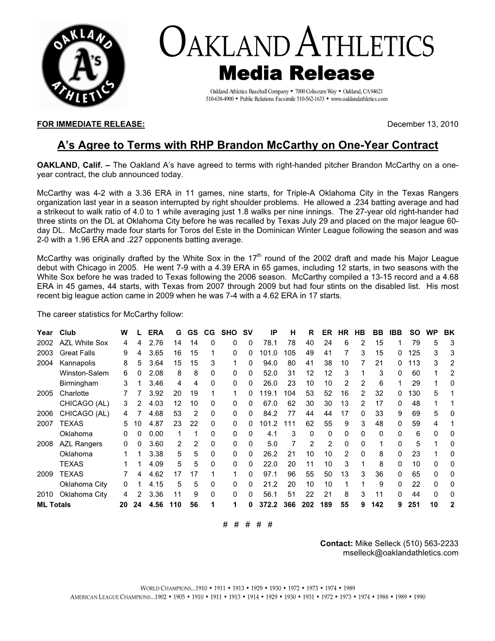 12-13-2010 Athletics Agree to Terms with RHP Brandon Mccarthy