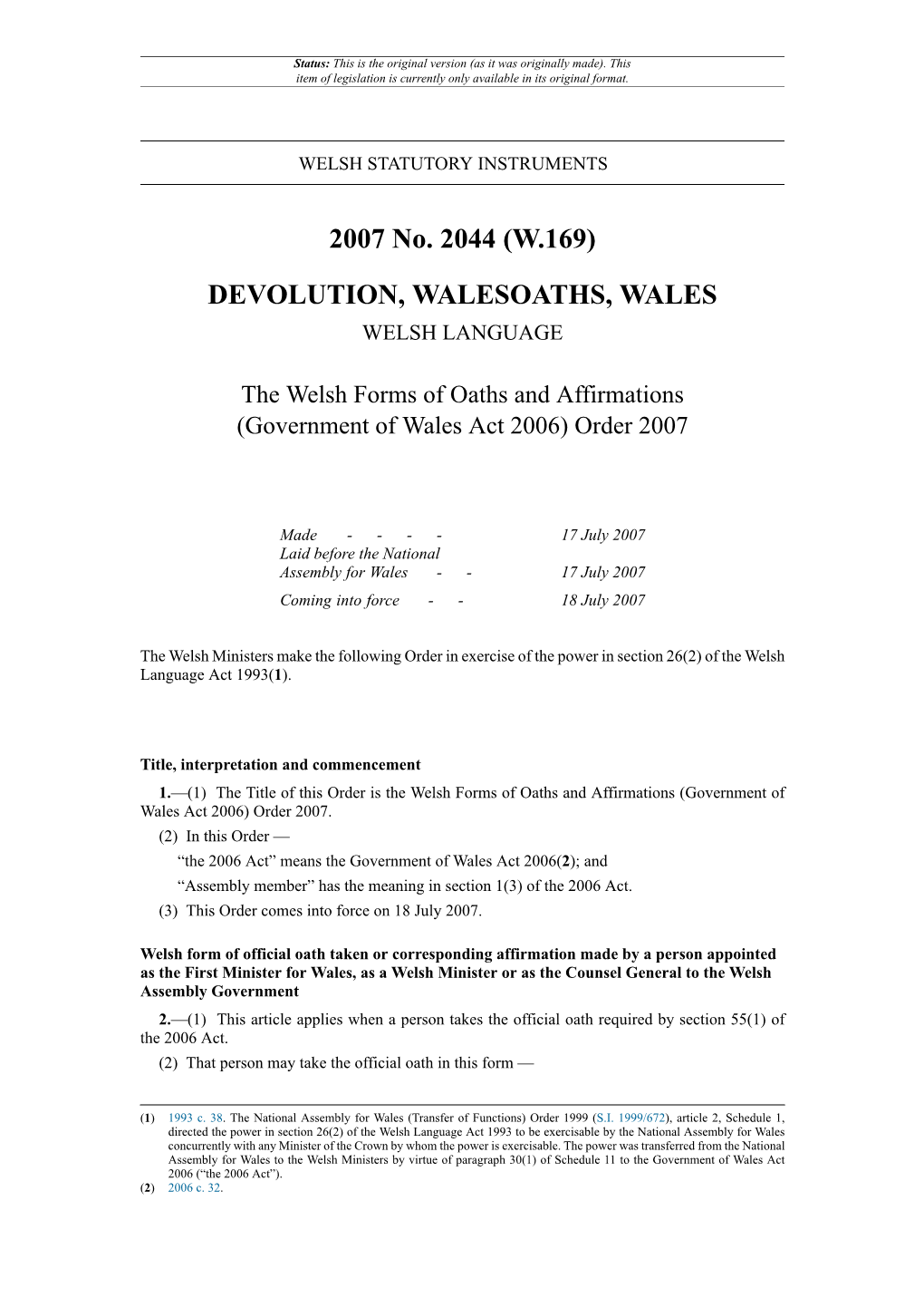 Government of Wales Act 2006) Order 2007