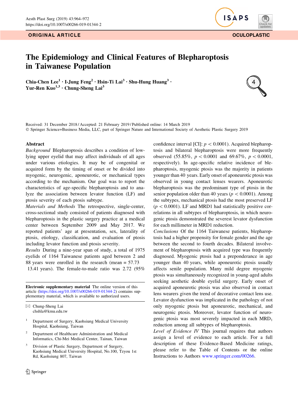 The Epidemiology and Clinical Features of Blepharoptosis in Taiwanese Population