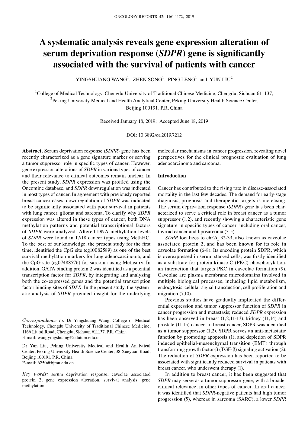 (SDPR) Gene Is Significantly Associated with the Survival of Patients with Cancer