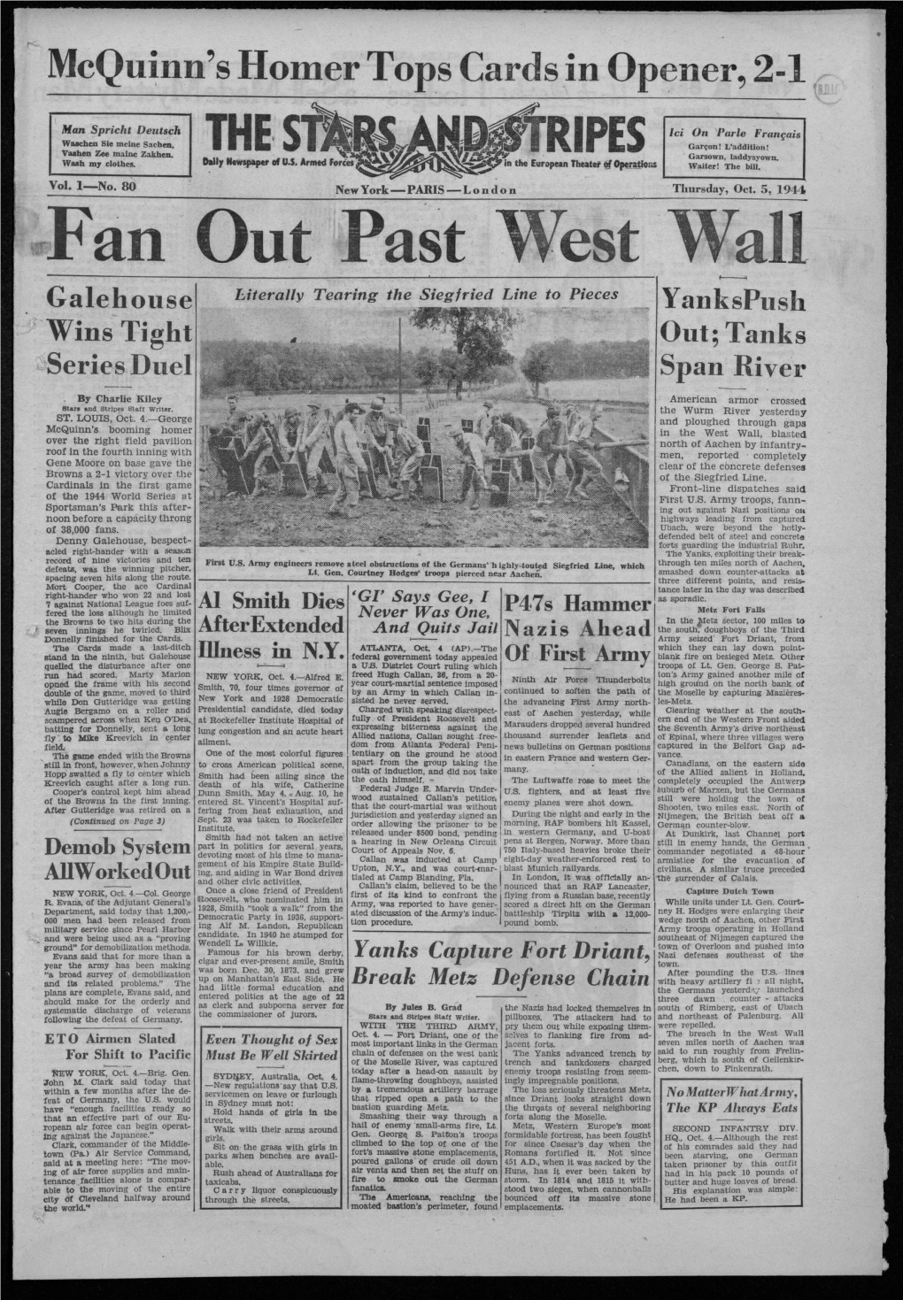 Fan out Past West Wall Galehouse Literally Tearing the Siegfried Line to Pieces Yankspush Wins Tight Out; Tanks Series Duel Span River