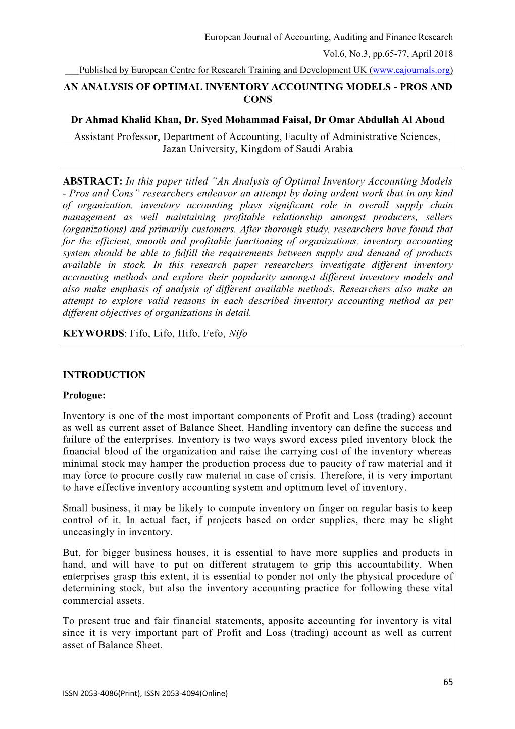 AN ANALYSIS of OPTIMAL INVENTORY ACCOUNTING MODELS - PROS and CONS Dr Ahmad Khalid Khan, Dr