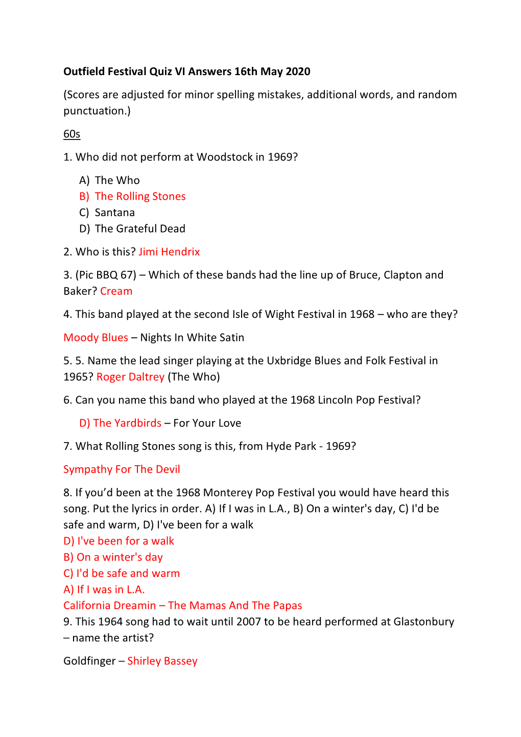 Outfield Festival Quiz VI Answers 16Th May 2020 (Scores Are Adjusted for Minor Spelling Mistakes, Additional Words, and Random Punctuation.) 60S 1