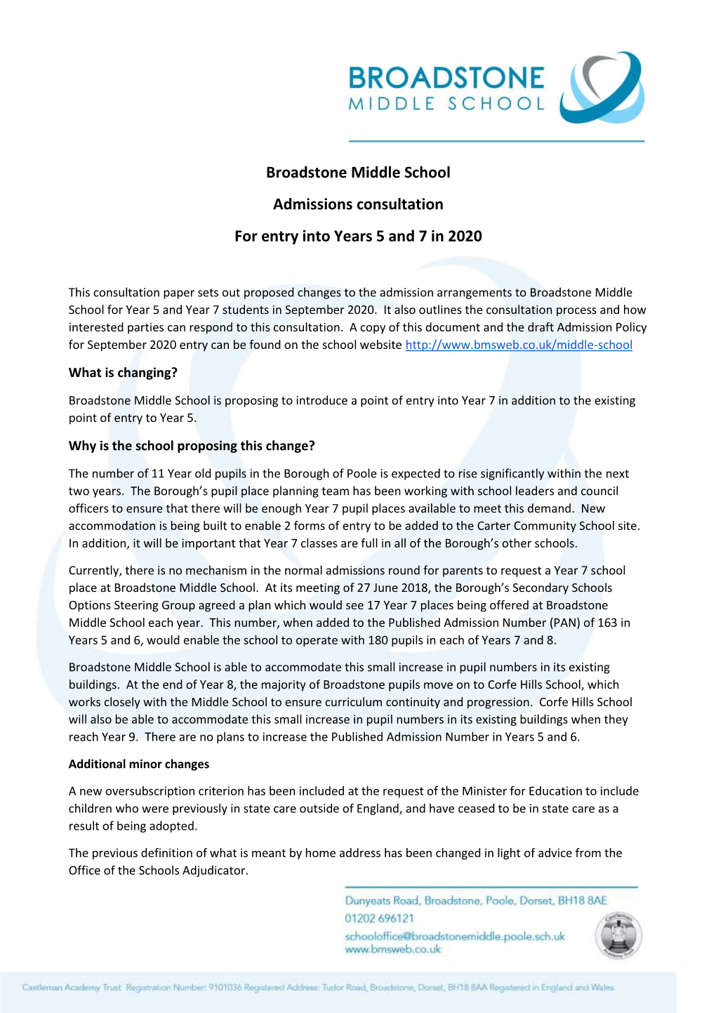 Broadstone Middle School Admissions Consultation for Entry Into Years 5 and 7 in 2020